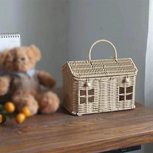 Rattan House Shaped Basket with Lid, Handwoven Natural Rattan Bag, Decorative Hand Woven Wicker Basket with Handles, Picnic Basket Shelf Organizer for Eggs Flowers, Ideal Photo Prop Artwork (White)