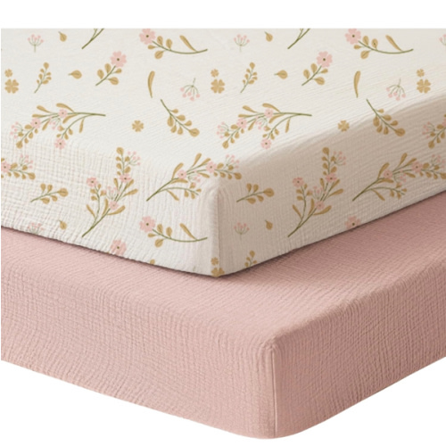 Konssy Muslin Mini Crib Sheets, 100% Soft Cotton Pack and Play Sheets for Pack N Play Mattress, Playard Baby Crib Sheets for Baby Girls (Floral, Pink)
