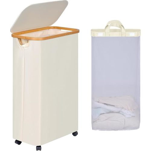 Slim Laundry Basket with Wheels, Narrow Rolling Laundry Hamper with Lid and Removable Bag, Tall Aesthetic Dirty Clothes Hamper on Wheels for Laundry Room, Bedroom, Dorm and Bathroom, 75L Beige