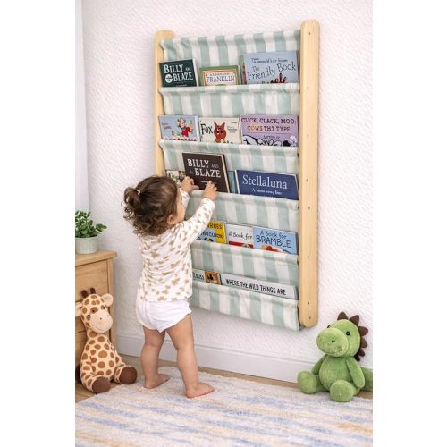 Montessori 5 Tier Canvas Pocket Wall Bookshelf, Re-Washable Soft Fabric Kids Book Rack, Space Saving Behind Door Shelf (Mint Green)