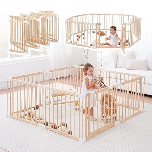 GGF Wooden Playpen & Play Yards for Babies and Toddlers, Foldable Wood Baby Play Fence with Locking Gate, Kids Activity Area Center Indoor Outdoor,57 * 57inch, Natural Wood