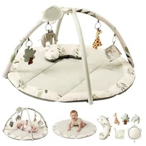 Fortella Baby Play Gym & Activity Mat, Machine Washable & Foldable Tummy Time Mat with 5 Detachable Toys, Certified Safe Newborn Essentials Gift for Baby Registry 0-12 Months (Sage Green)