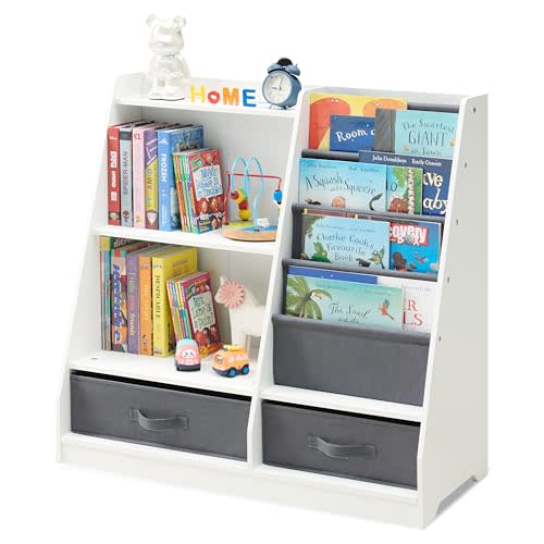 Kids Bookshelf and Toy Storage, 4 Tier Bookshelf for Kids Room, Wooden Kids Book Shelf with Sling Book Rack, Bookshelf for Kids Room (White)
