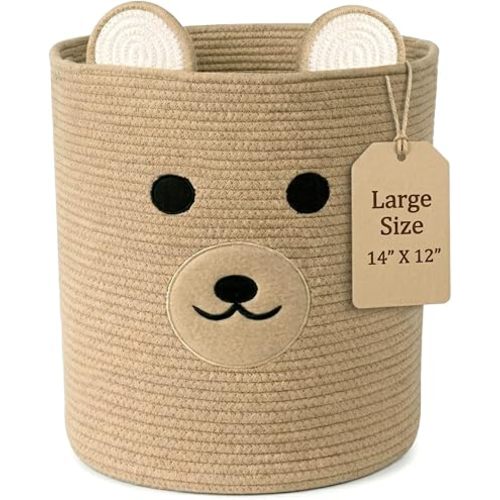 Nursery Storage Basket, 25L Large Woven Cotton Rope Baby Bin with Bear Design, Foldable Washable Laundry Hamper, Kids Room Decor Organizer for Toys, Blankets & Baby Essentials (Brown Bear)