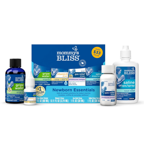 Mommy's Bliss 4-Piece Newborn and Baby Essentials Kit - With Gripe Water, Gas Relief Drops, Vitamin D 400IU, and Saline Drops/Spray - The Perfect Baby Gift.