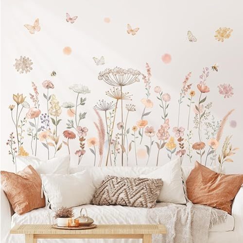 DECOWALL SG2-2421 Watercolor Boho Flowers Wall Decal Stickers Décor Home Wildflower Floral Dandelion Grass Plants Baby Nursery Girls Bedroom Kids Living Room Bee Peel and Stick Art Flower Vintage