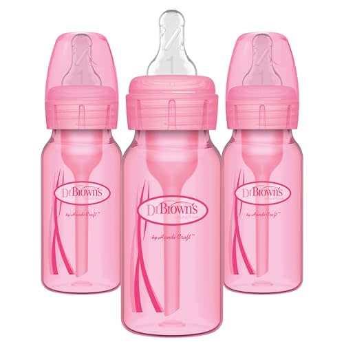 Dr. Brown's Anti-Colic Options+ Baby Bottles, 4 oz/120 mL, with Level 1 Slow Flow Nipple, Pink, 3 Pack, 0m+