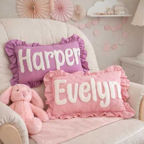 Personalized Baby Name Ruffled Pillow, Punch Needle Name Pillow, Nursery Gift, Kids Room Decor, Dorm Décor, Sleepover Party Favor