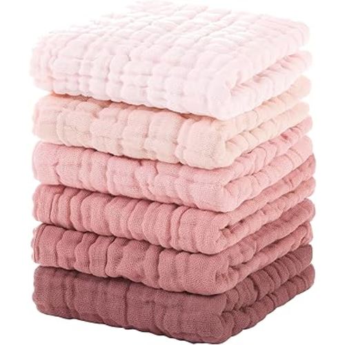 Muslin Baby Washcloths 6 Pack, 100% Cotton Wash Cloths for Babies, Large 12''X12'' Absorbent and Soft for Newborn Boys Girls - Gradient Pink