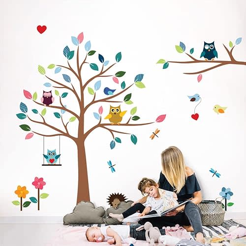 Cheerful Safari Nursery Wall Decor – Woodland Jungle Wall Decals with Owls & Tree – Cute Animal Stickers for Kids Room, Baby Boys and Girls Bedroom, Classroom & Daycare Decorations