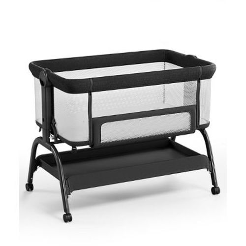 Babybond Portable Baby Bassinet Crib With Mattress, All-mesh Beside Sleeper On Wheels 6 Height Adjustable