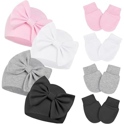 Newborn Girls Hats Baby Hat and Mitten Set Big Bow Knit Headbands 0-3 Months