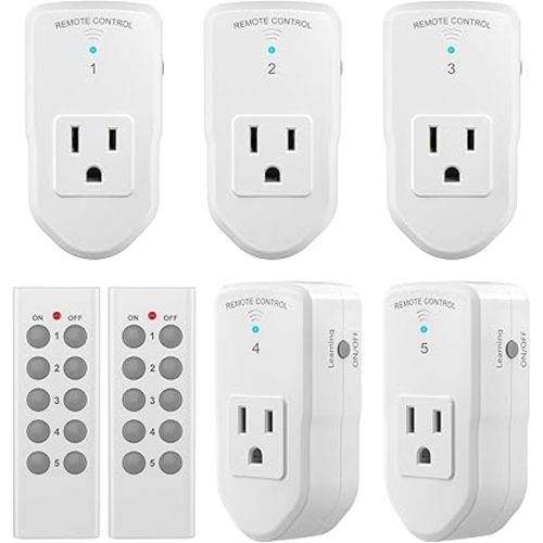 BN-LINK Wireless Remote Control Outlet Electrical Switch for Lights, Fans, Christmas Lights, Small Appliance, 100ft Long Range White (Learning Code, 5Rx-2Tx) 1200W/10A, ETL & FCC Certified