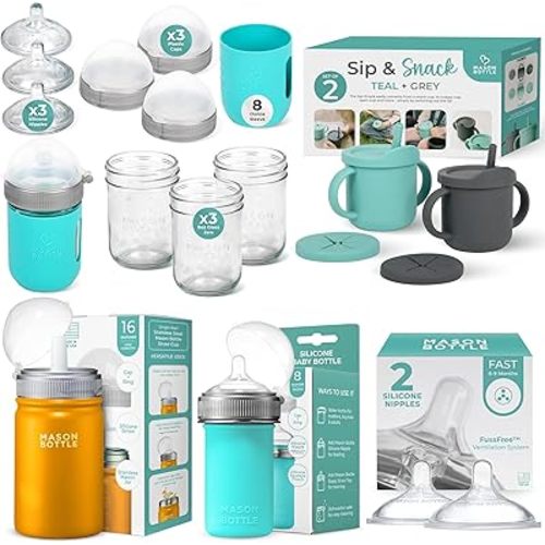 Everything Gift Set | 8oz Glass Mason Jars + Silicone & Stainless Steel Sippy Cups + Silicone Baby Bottle + Slow, Medium, & Fast Flow Nipples + Plastic Rings & Caps + Sleeves