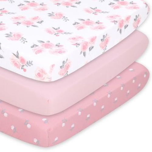 The Peanutshell Mini Crib, Playard Sheets, 3 Pack, Pink Roses/ditsy Floral | White, Pink, Grey