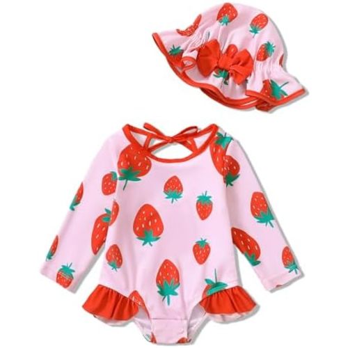 SUNNY PIGGY Baby Girls One Piece Swimsuit Long Sleeve Floral Bathing Suit+Hat 2Pcs