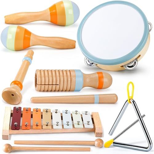 Baby Musical Instruments for Toddlers 1-3: Montessori Music Toys for Kids Age 3-5 - Wooden Percussion Instruments Set with Boho Xylophone Tambourine Baby Maracas for 1 2 3 Year Old