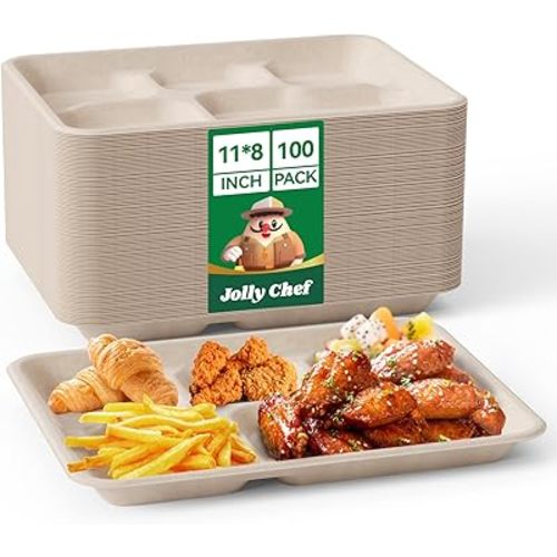 JOLLY CHEF Compostable 𝟱 Compartment Paper Plates 𝟭𝟭 * 𝟴 𝗶𝗻𝗰𝗵 [𝟭𝟬𝟬 𝗣𝗮𝗰𝗸] Heavy Duty Natural Divided Disposable Eco-Friendly Biodegradable Containers Food Trays for Dinner Lunch Buffet
