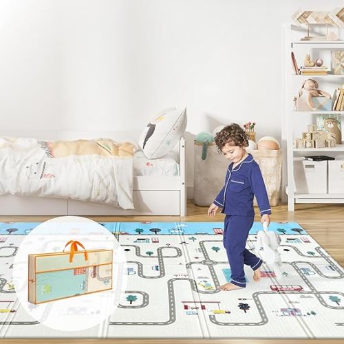 Foldable Baby Play Mat, Extra Large, Non-Toxic, Waterproof Activity Playmats for Babies, Education for Infant, Non-Slip Double Sided (79”x71” 0.4in Milky) Boys and Girls