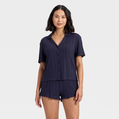 Women's Pointelle Notch Collar Shirt and Shorts Pajama Set - Wild Fable™