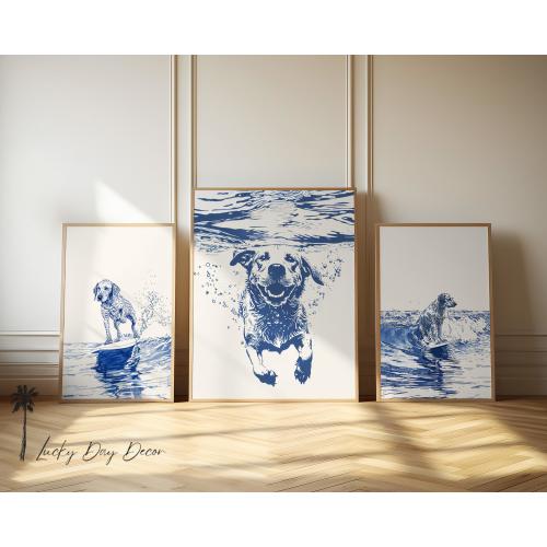 Surfing & Swimming Labrador | Beach Life Set Of 3 | Vintage Coastal Dog Prints | Labrador Retriever Art Navy Blue Sketch | Adorable Download