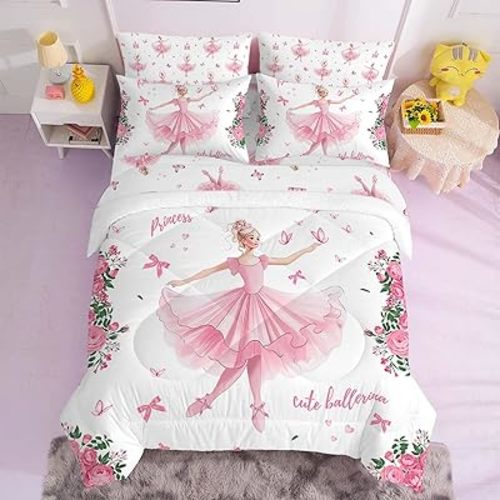Twin Girls Bedding Pink Comforters Princess Comforter Bedding Sets for Girls 7 Pieces Ballet Sheets Dancer Girl Bedding,Twin Pink Comforter Set