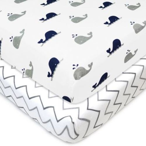 Tl Care Printed 100% Cotton Knit Fitted Playard Sheet - Zigzag Navy Whale & Gray 2pk