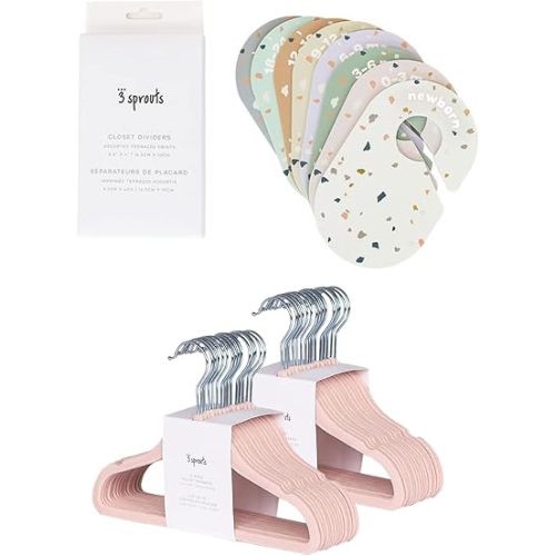 3 Sprouts Closet Dividers & Hangers Bundle - 8 Baby Size Dividers (Terrazzo) and 30 Velvet Hangers for Baby Clothes (Pink)