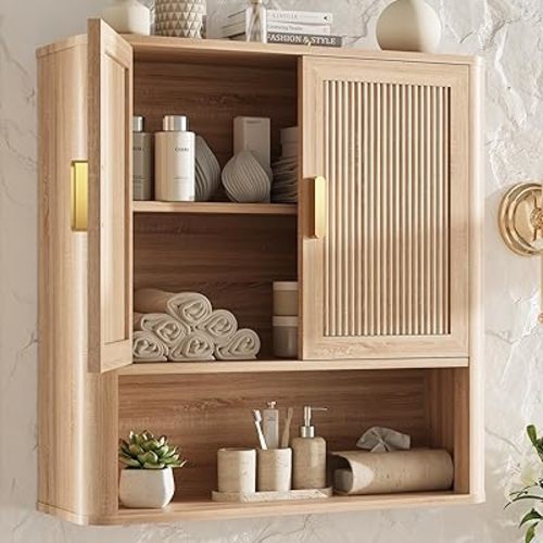 Bathroom Storage Cabinet, Medicine Cabinet with Adjustable Wood Shelf & Doors, Over The Toilet Storage Cabinet for Laundry Room & Kitchen & Living Room (Natural Oak)