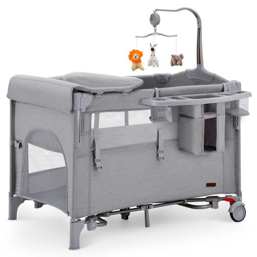 HARPPA 5-in-1 Portable Baby Playard Bassinet Bedside Sleeper Changing Table Gray