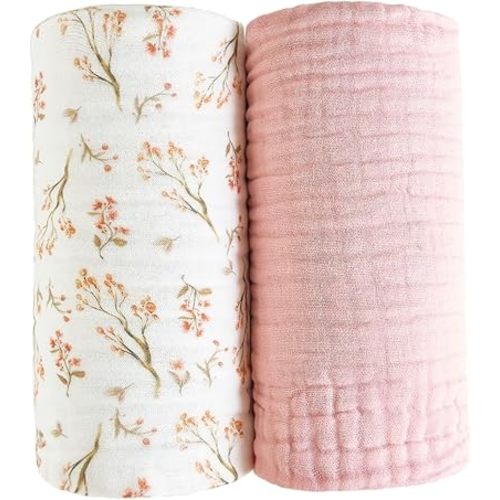 Pack of 2 Ultra Soft Muslin Baby Blankets for Girls Boys Breathable Lightwight Cotton Muslin Swaddle Blankets for Infant Toddler Newborn Nursery Swaddling Wrap 43"X43" (Floral and Pink)