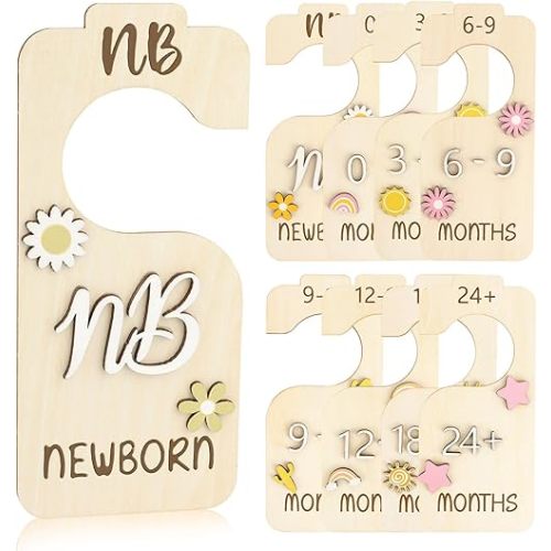 8Pcs Baby Closet Dividers for Clothes Organizer, 3D Daisy Wooden Double-Sided Baby Clothes Size Hanger Organizer from Newborn to 24 Months for Boho Themed Nursery Beautiful Decor