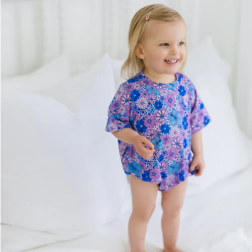 Purple and Blue Floral Bamboo Romper I Poppy Kids Co