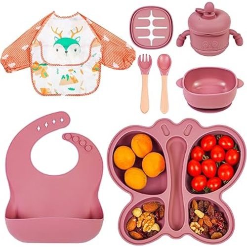 Silicone Baby Feeding Set, Baby Led Weaning Supplies, Silicone Suction Butterfly Plate, Bowl, Spoons, Fork and Waterproof Bib & Cloth Bib, Eating Utensils Baby Feeding Essentials (Pink)