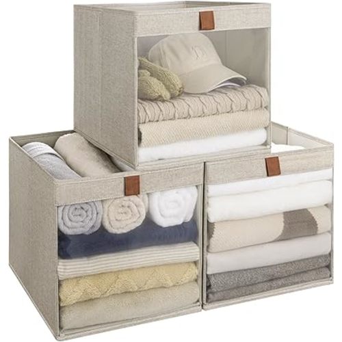 StorageWorks 13x13 Storage Cubes, Closet Storage Bins with Clear Window, Large Fabric Organizer for Clothes, Collapsible Storage Baskets with PU Handles, Brown and Beige, 3-Pack