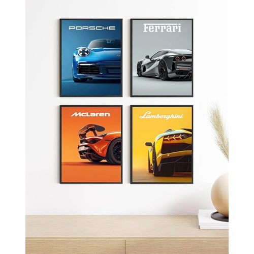 SUPPLY DROP 4 Car Posters - Sports Car Posters Pack, Vibrant Car Posters, Car Posters for Office, Bedroom, Living Room, Vintage Racing Car Wall Art for Boys Bedrooms (Unframed 11x14inch, 4pcs)