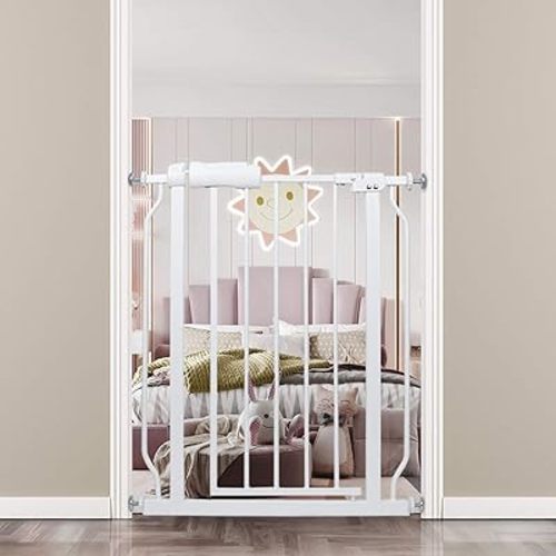 Narrow Walk Through Baby Gate 24.02-29.13 Inch Wide Auto Close Tension White Metal Child Pet Indoor Safety Gates Pressure Mounted for Stairs& Doorways (24.02"-29.13"/61-74CM, White)