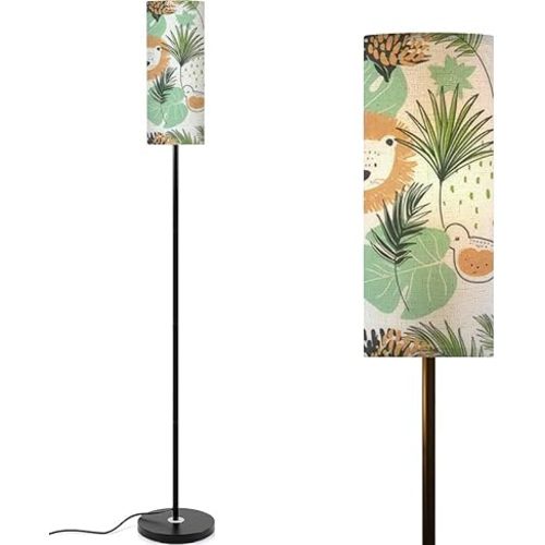 Modern Seamless Jungle Animals Drawn for Kids Floor lamp Minimalist Standing Lamps Metal Pole Lamp Tall Lamps with Linen Shade Foot Switch for Living Room Bedroom