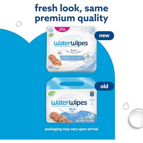 WaterWipes Sensitive+ Newborn & Baby Wipes, 3-In-1 Cleans, Cares, Protects, 99.9% Water, Unscented & Hypoallergenic, 240 Count (4 Packs)