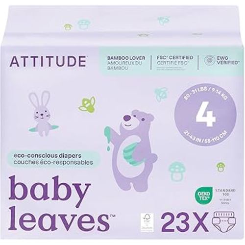 ATTITUDE Eco-Conscious Disposable Diapers, EWG Verified, Size 4 (20-31 lbs), Ultra Absorbent for Baby, Vegan & Plant-Based, 23 Count