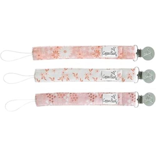 Copper Pearl Pacifier Clip 3-Pack: Premium Knit Binky Clips for Baby Girls and Boys - Stylish Stainless Steel Pacifier Holder Clip - Baby Pacifier Clips for No More Floor Drops - Rue