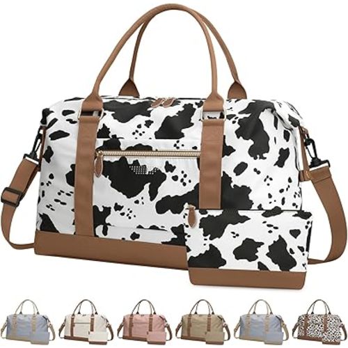 ELONGRIVER Travel Duffle Bag for Women, Weekender Bags, Hospital Bag for Labor Delivery, Lightweight Tote Duffel Overnight Bag with Luggage Sleeve, Airplane Travel Bags with Toiletry Bag, X-Large, Cow