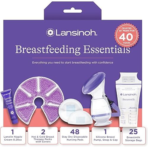 Lansinoh Breastfeeding Essentials Kit for New Moms with Nursing Pads, Breastmilk Storage Bags, Nipple Cream, Hot and Cold Breast Therapy Packs, Silicone Breast Pump, 77 Piece Gift Set