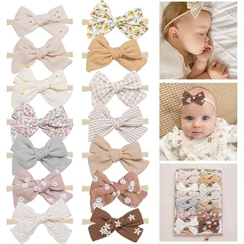 Fancy Clouds Baby Girl Bows and Headbands,14 pcs Stretchy Soft Nylon Hairbands Hair Bows for Newborns, Infants, Toddlers - Handmade Baby Hair Accessories for Girls Gifts