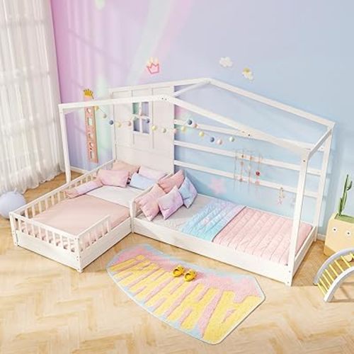BECOMFORT L Shaped Twin Beds for 2 Kids, House Wood Montessori Platform Bed Frame w/Window & Roof, Fence & Slat, Corner Kids Double Bed for Dorm Bedroom Boys Girls Teens, No Box Spring Needed (White)