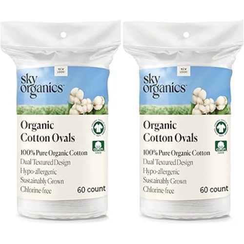 Sky Organics Organic Cotton Large Pads for Makeup Removal, Cleansing, Toner Application, 100% Pure Organic Cotton, GOTS Certified, Dual Textured Design, 120 Count