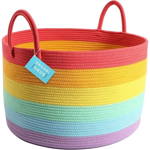 OrganiHaus Large Blanket Basket for Living Room 20x13, Rainbow Rope Basket for Classroom Organization, Toy Baskets Storage for Kids, Woven Kids Laundry Basket, Baby Toy Box, Cute Storage Basket
