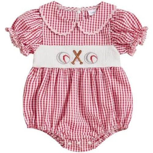Newborn Baby Girl Baseball Outfit Embroidery Short Sleeve Smocked Bubble Romper Ruffle Bodysuit Cute Summer Clothes