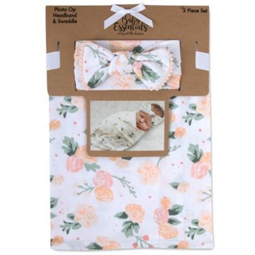 Baby Essentials Rose Floral Swaddle Blanket And Headband - White/rose Floral
