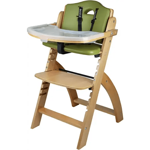 Abiie Beyond Junior Wooden High Chair with Tray - Convertible Baby Highchair - Adjustable High Chair for Babies/Toddlers/6 Months up to 250 Lbs - Stain & Water Resistant Natural Wood/Olive Cushion